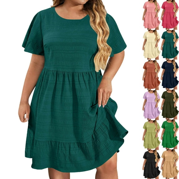 Lenago Midi Dresses for Women Oversize Fit Short Sleeves Crew Neck Dress Pleated Women's Knee Length Dress Summer Beach Vacation Outfit Plus Size Available L-XXXXXL