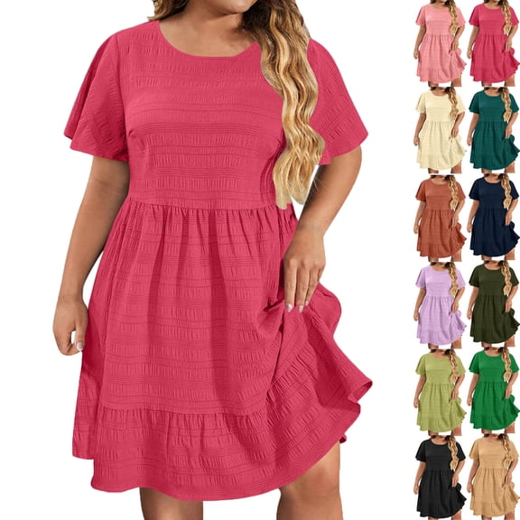 Lenago Midi Dresses for Women Oversize Fit Short Sleeves Crew Neck Dress Pleated Women's Knee Length Dress Summer Beach Vacation Outfit Plus Size Available L-XXXXXL