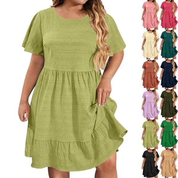 Lenago Midi Dresses for Women Oversize Fit Short Sleeves Crew Neck Dress Pleated Women's Knee Length Dress Summer Beach Vacation Outfit Plus Size Available L-XXXXXL