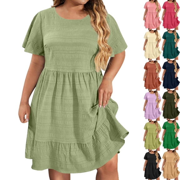 Lenago Midi Dresses for Women Oversize Fit Short Sleeves Crew Neck Dress Pleated Women's Knee Length Dress Summer Beach Vacation Outfit Plus Size Available L-XXXXXL