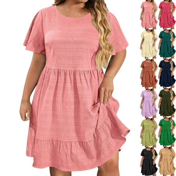 Lenago Midi Dresses for Women Oversize Fit Short Sleeves Crew Neck Dress Pleated Women's Knee Length Dress Summer Beach Vacation Outfit Plus Size Available L-XXXXXL