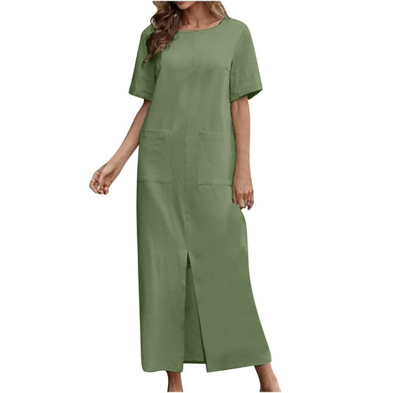 Lenago Midi Dresses for Women Fashion Round Neck Loose Short Sleeve Solid Mid-Calf Dress Long Dress Beach Party Dresses S-5XL