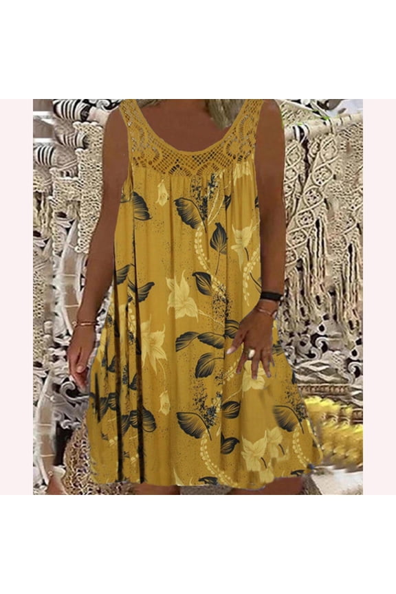 Midi Dresses for Women Spring/Summer Round Neck Lace Patchwork Printed Loose Sleeveless Dress Beach Party Dresses S-5XL
