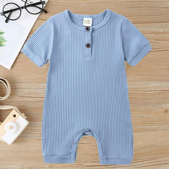 Lenago Newborn Child's Summer Jumpsuit Boys And Girls Baby Botton Short Sleeve Round Neck Cute Solid Shorts Rompers