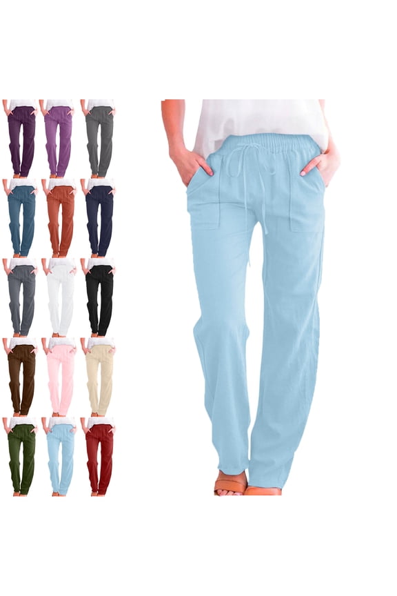 Pants for Women Solid Color Long Pants Fashion Elastic Waist Drawstring Women's Pants Straight Leg Pants Loose Comfy Sports Casual Full Length Pants With Pockets Trousers Jogger Pant