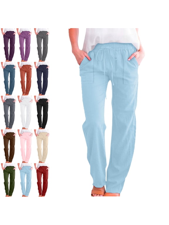 Pants for Women Solid Color Long Pants Fashion Elastic Waist Drawstring Women's Pants Straight Leg Pants Loose Comfy Sports Casual Full Length Pants With Pockets Trousers Jogger Pant