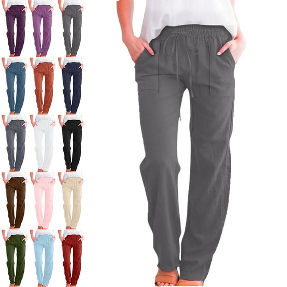 Lenago Pants for Women Solid Color Long Pants Fashion Elastic Waist Drawstring Women's Pants Straight Leg Pants Loose Comfy Sports Casual Full Length Pants With Pockets Trousers Jogger Pant