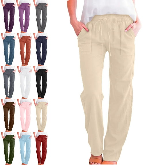 Lenago Pants for Women Solid Color Long Pants Fashion Elastic Waist Drawstring Women's Pants Straight Leg Pants Loose Comfy Sports Casual Full Length Pants With Pockets Trousers Jogger Pant