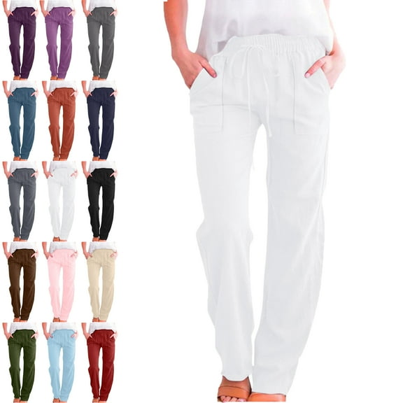 Lenago Pants for Women Solid Color Long Pants Fashion Elastic Waist Drawstring Women's Pants Straight Leg Pants Loose Comfy Sports Casual Full Length Pants With Pockets Trousers Jogger Pant
