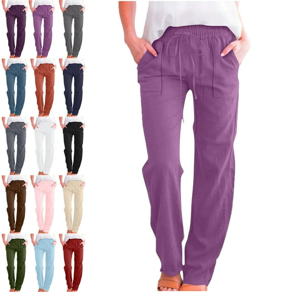 Lenago Pants for Women Solid Color Long Pants Fashion Elastic Waist Drawstring Women's Pants Straight Leg Pants Loose Comfy Sports Casual Full Length Pants With Pockets Trousers Jogger Pant