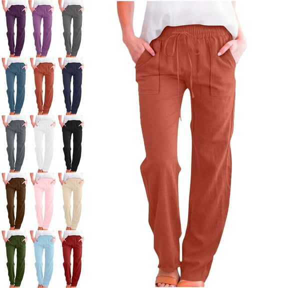 Lenago Pants for Women Solid Color Long Pants Fashion Elastic Waist Drawstring Women's Pants Straight Leg Pants Loose Comfy Sports Casual Full Length Pants With Pockets Trousers Jogger Pant