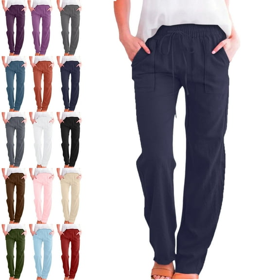 Lenago Pants for Women Solid Color Long Pants Fashion Elastic Waist Drawstring Women's Pants Straight Leg Pants Loose Comfy Sports Casual Full Length Pants With Pockets Trousers Jogger Pant