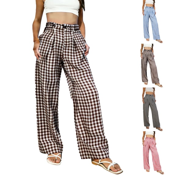 Lenago Pants for Women Plaid Long Pants Casual Trousers Stylish Loose-fitting Trousers With Elastic Waistband Bottoms