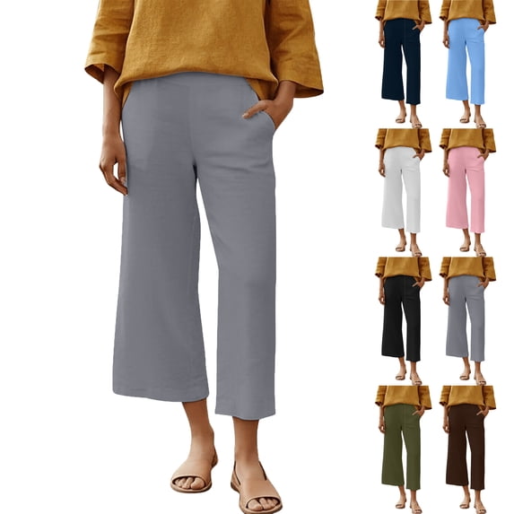 Lenago Pants for Women Solid Color Lightweight Stretched-Waist Linen Casual Straight Pants