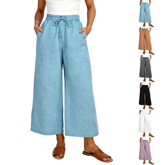 Lenago Pants for Women Solid Color Linen Long Pants Elastic Waistband Pockets Loose Casual Wide-Leg Cropped Women Pants