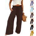 thumbnail image 1 of Lenago Pants for Women Solid Color Linen Wide-Leg Pants With Elastic Waistband Loose Casual Style Long Trousers, 1 of 9
