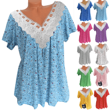 Lenago Plus Size Blouse for Women Short Sleeve Fashion Casual Solid Color Printing Lace V-Neck Blouses for Women Pleated Tunic Tops Dressy Casual Summer Shirts on Clearance