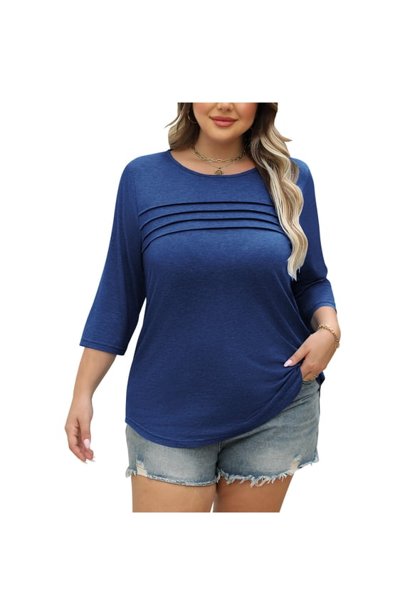 Plus Size Blouses for Women Three Quarter Sleeves Womens Blouse Tops with Front Folds Design Lightweight Breathable Loose Oversize Fit Home Party Casual Office Wear