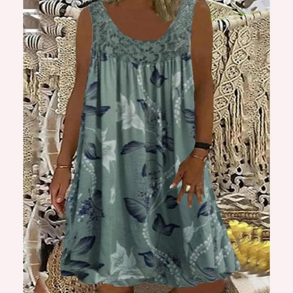Lenago Plus Size Dresses for Women Spring/Summer Round Neck Lace Patchwork Printed Loose Sleeveless Dress Beach Party Dresses S-5XL