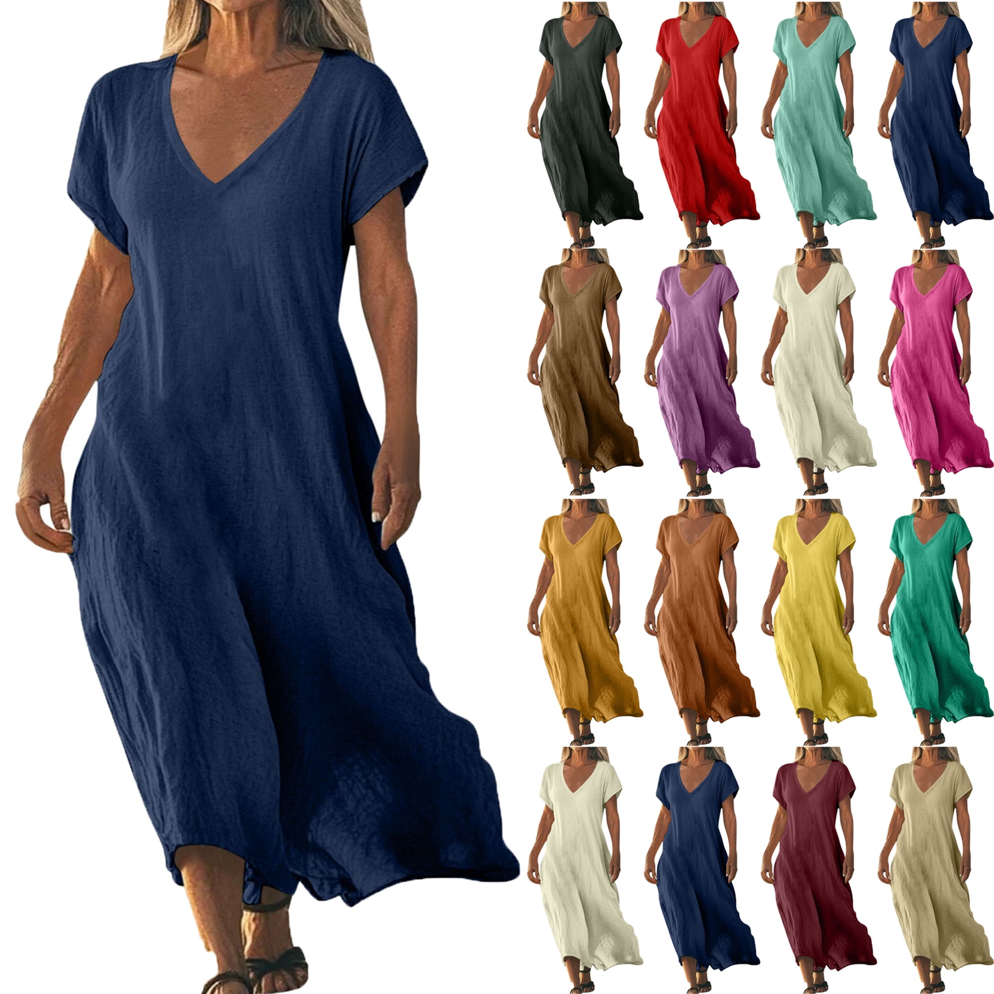 Lenago Plus Size Maxi Dresses for Women Short Sleeves V Neck Solid ...