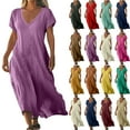 thumbnail image 1 of Lenago Plus Size Maxi Dresses for Women Short Sleeves V Neck Solid Color Maxi Dress Oversize Linen Skirt Casual Summer Vacation Beach Fashion Party Daily Outfit S-5XL, 1 of 7