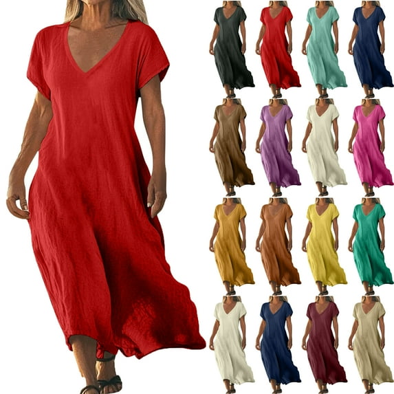 Lenago Plus Size Maxi Dresses for Women Solid Color Linen Short Sleeves V-neck Womens Dresses Loose Casual Long Dress Summer Vacation Beach Party S-5XL