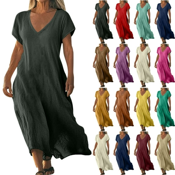 Lenago Plus Size Maxi Dresses for Women Solid Color Linen Short Sleeves V-neck Womens Dresses Loose Casual Long Dress Summer Vacation Beach Party S-5XL