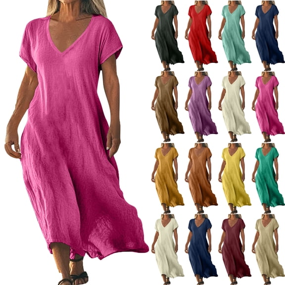Lenago Plus Size Maxi Dresses for Women Solid Color Linen Short Sleeves V-neck Womens Dresses Loose Casual Long Dress Summer Vacation Beach Party S-5XL