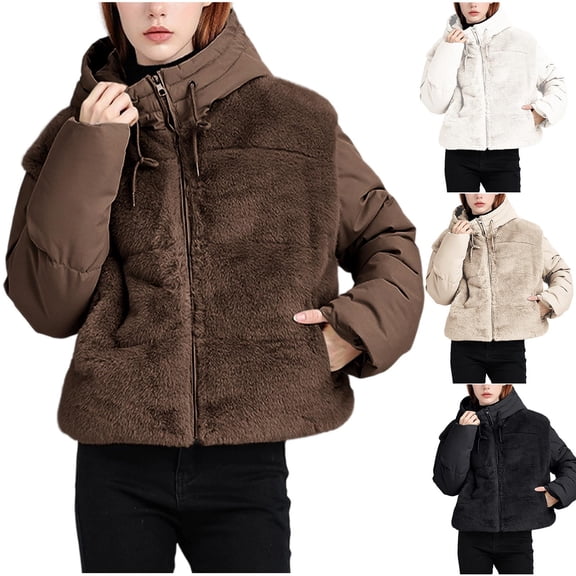 Lenago Plus Size Quilted Jackets for Women Casual Splicing Hooded Drawstring Solid Color Short Jacket Packable Puffer Jacket(Coffee M)