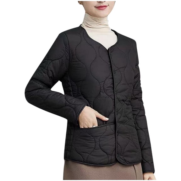 Lenago Plus Size Quilted Jackets for Women Casual V-Neck Solid Color Long Sleeved Parkas Coat S Packable Puffer Jacket(Black 4XL)