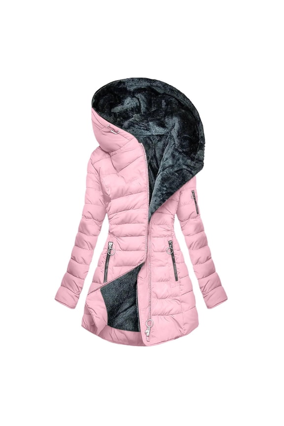Lenago Plus Size Quilted Jackets for Women Solid Color Long-Sleeved Hooded Padded Jacket Hooded Puffer Jacket(Pink 5XL)