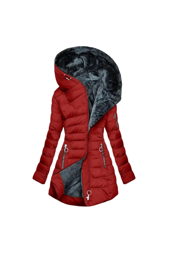Lenago Plus Size Quilted Jackets for Women Solid Color Long-Sleeved Hooded Padded Jacket Hooded Puffer Jacket(Wine 5XL)