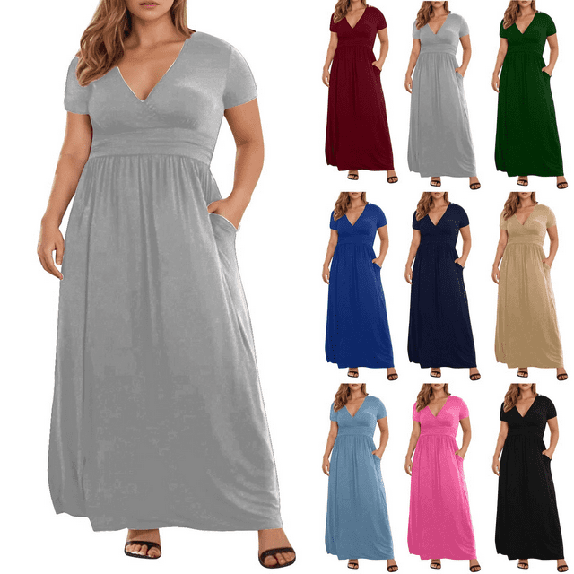 Lenago Plus Size Summer Dresses for Women 2025 Maxi Dress V-Neck Short Sleeve Dresses for Party Casual Summer Maxi Dresses for Women with Pockets on Clearance