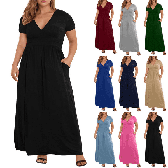 Lenago Plus Size Summer Dresses for Women 2025 Maxi Dress V-Neck Short Sleeve Dresses for Party Casual Summer Maxi Dresses for Women with Pockets
