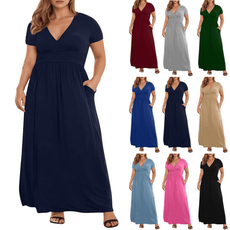 Lenago Plus Size Summer Dresses for Women 2025 Maxi Dress V-Neck Short  Sleeve Dresses for Party Casual Summer Maxi Dresses for Women with Pockets