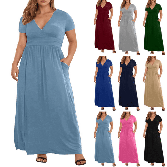 Lenago Plus Size Summer Dresses for Women 2025 Maxi Dress V-Neck Short Sleeve Dresses for Party Casual Summer Maxi Dresses for Women with Pockets