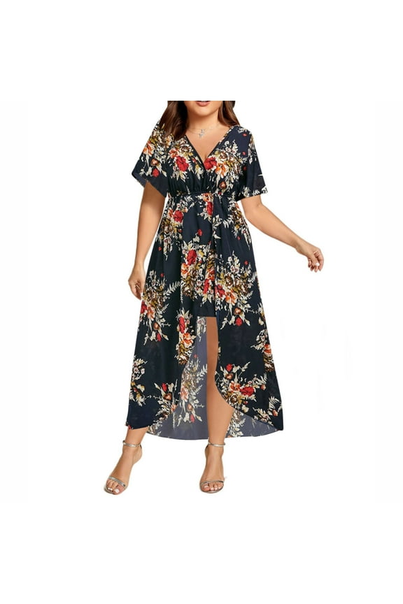 Lenago Plus Size Summer Dresses for Women 2026 Boho Flower Print High Low Maxi Dress V-Neck Short Sleeve Dresses for Party Casual