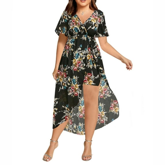 Lenago Plus Size Summer Dresses for Women 2026 Boho Flower Print High Low Maxi Dress V-Neck Short Sleeve Dresses for Party Casual