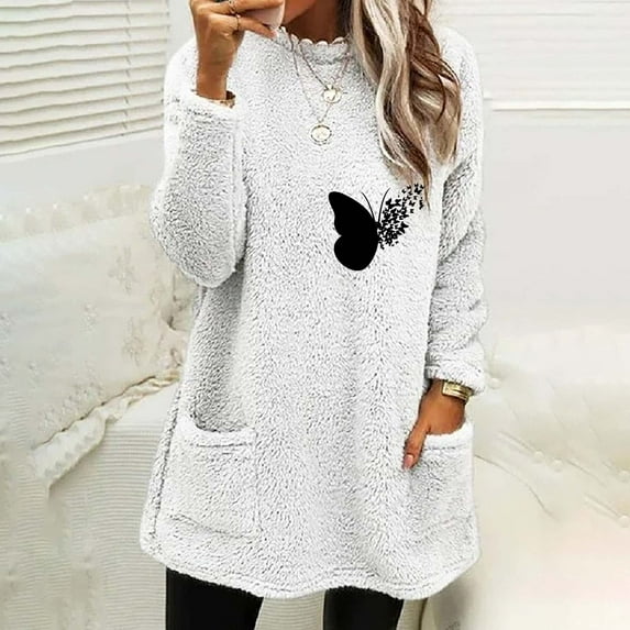 Lenago Plus Size Thermal Underwear for Women Round- Neck And Winter Loose Print Pocket Warm Long Sleeve Blouse Tops