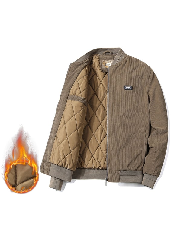 Quilted Jackets For Men Fall Winter Outerwear Fleece Lining Coats Thermal Corduroy Jacket With Long Sleeves Stand Collar Zipped Up Winter Thick Outerwear