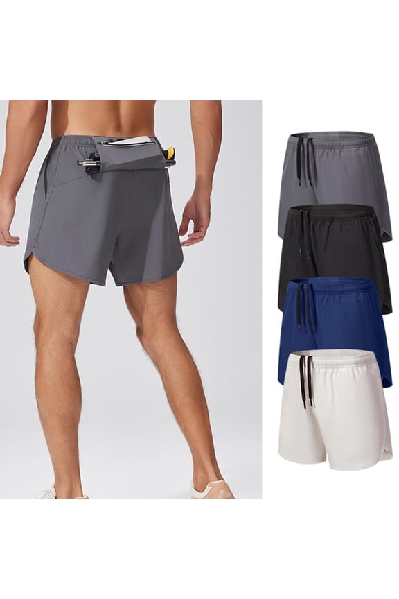 Ndbuld Man Shorts for Men Man Solid-Color Outdoor Running Lined Sports Tapered Phone Zipper Pocket Straps Shorts Black M