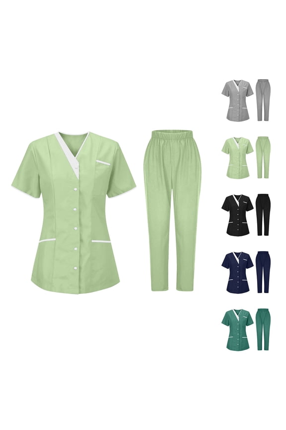 Scrubs Set for Women Nurses Button Up Tunic Uniform Set Clinic V Neck Solid Color Scrub Tops Soft Knit Protective Clothing with 3 Pockets S-XXXL Plus Size Available