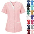 thumbnail image 1 of Lenago Scrubs for Women Nurses Button Up Tunic Uniform Clinic V Neck Solid Color Scrub Tops Soft Knit Protective Clothing with 3 Pockets S-XXXL Plus Size Available, 1 of 4