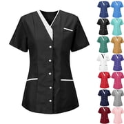 Lenago Scrubs for Women Nurses Button Up Tunic Uniform Clinic V Neck Solid Color Scrub Tops Soft Knit Protective Clothing with 3 Pockets S-L Plus Size Available