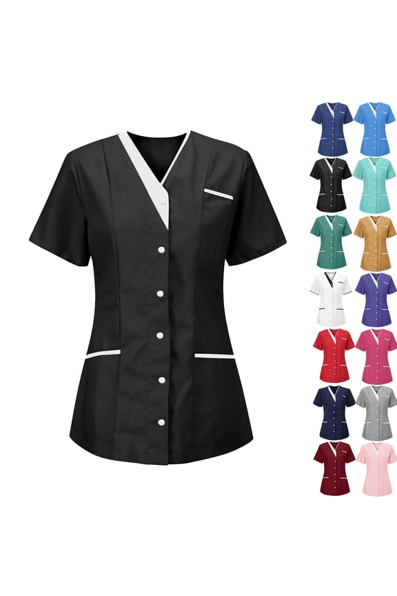 Scrubs for Women Nurses Button Up Tunic Uniform Clinic V Neck Solid Color Scrub Tops Soft Knit Protective Clothing with 3 Pockets S-XXXL Plus Size Available