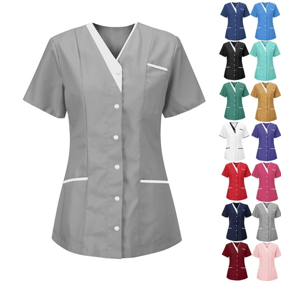 Lenago Scrubs for Women Nurses Button Up Tunic Uniform Clinic V Neck Solid Color Scrub Tops Soft Knit Protective Clothing with 3 Pockets S-XXXL Plus Size Available