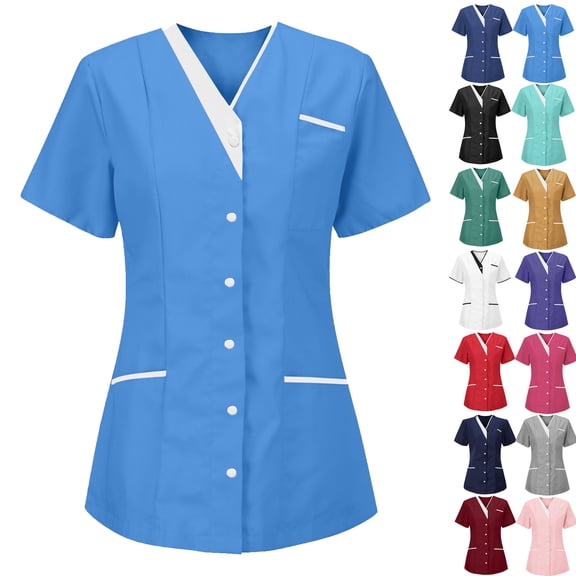 Lenago Scrubs for Women Nurses Button Up Tunic Uniform Clinic V Neck Solid Color Scrub Tops Soft Knit Protective Clothing with 3 Pockets S-XXXL Plus Size Available