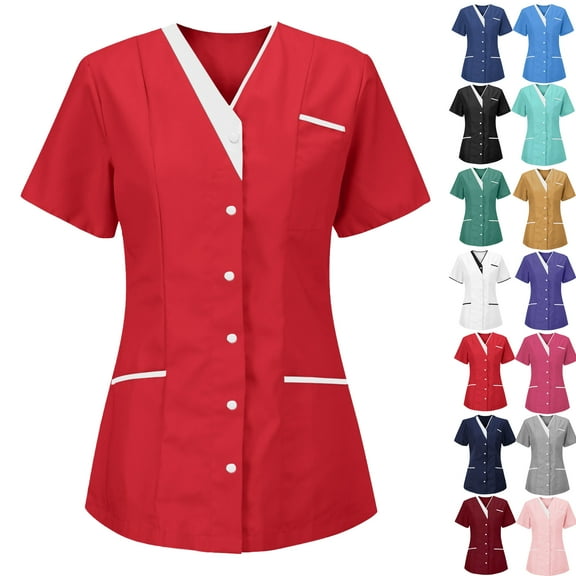 Lenago Scrubs for Women Nurses Button Up Tunic Uniform Clinic V Neck Solid Color Scrub Tops Soft Knit Protective Clothing with 3 Pockets S-XXXL Plus Size Available