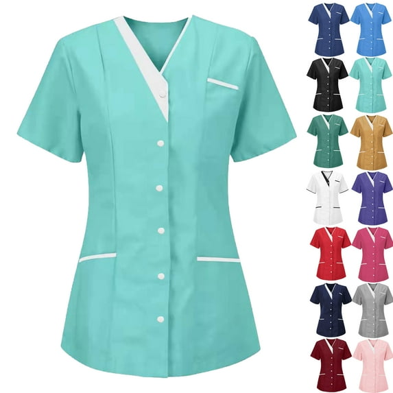 Lenago Scrubs for Women Nurses Button Up Tunic Uniform Clinic V Neck Solid Color Scrub Tops Soft Knit Protective Clothing with 3 Pockets S-XXXL Plus Size Available