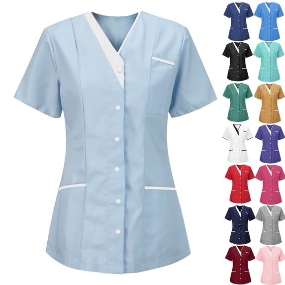 Lenago Scrubs for Women Nurses Button Up Tunic Uniform Clinic V Neck Solid Color Scrub Tops Soft Knit Protective Clothing with 3 Pockets S-XXXL Plus Size Available